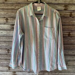 Gap Women's Long-Sleeved Button-Down Easy Shirt Size‎ L Blue Striped Linen Blend